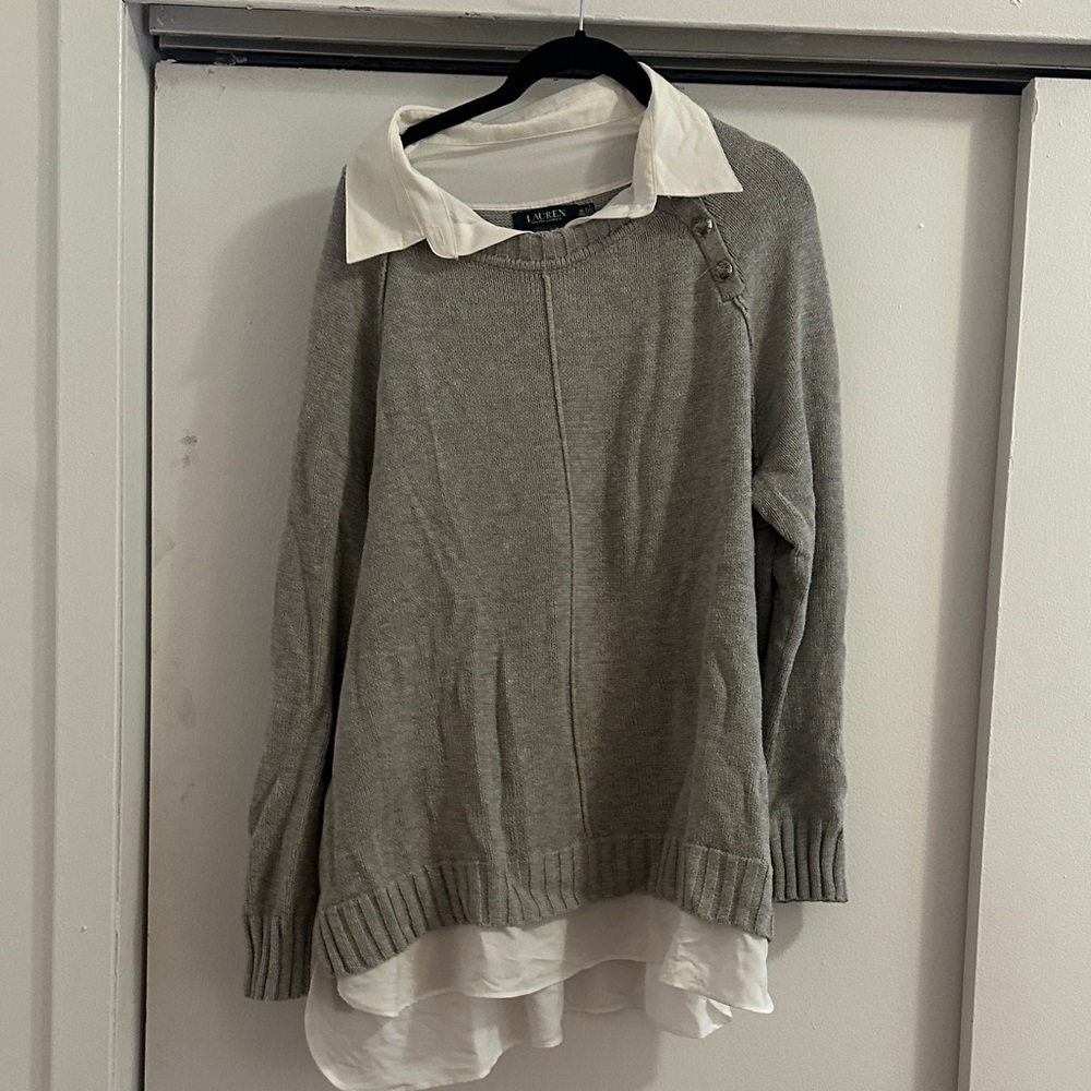 Lauren Ralph Lauren Heather Gray Sweater with White Collar Detail